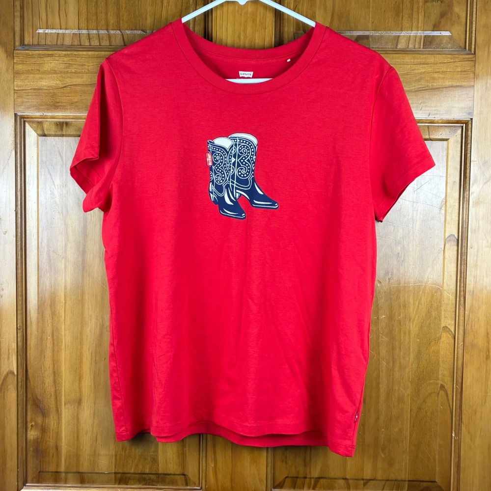 Levis Womens Red Cowboy Boot Graphic T-Shirt Short Sleeve Cowgirl Western L